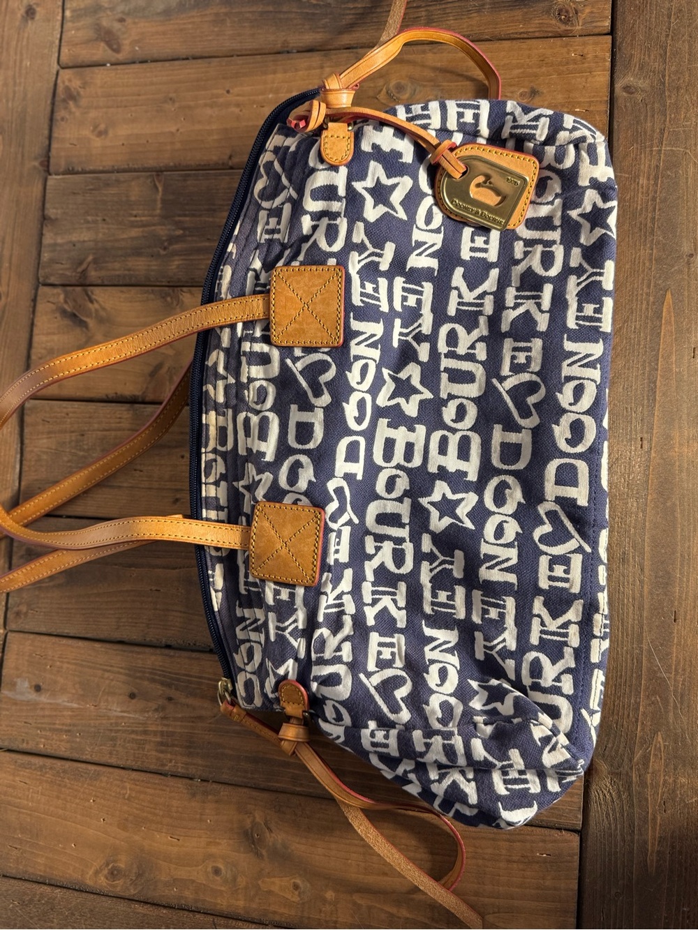 Dooney & Bourke Navy and White Logo Canvas Shoulder Bag with Tan Leather Trim